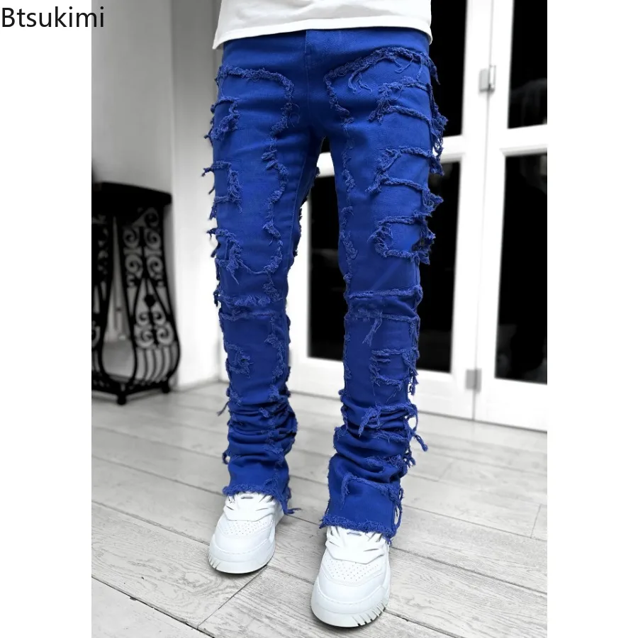 2023 Fashion Hollow Out Ripped Men's Jeans Streetwear Y2K Style Patchwork Design Straight Denim Trousers for Men Stretch Jeans