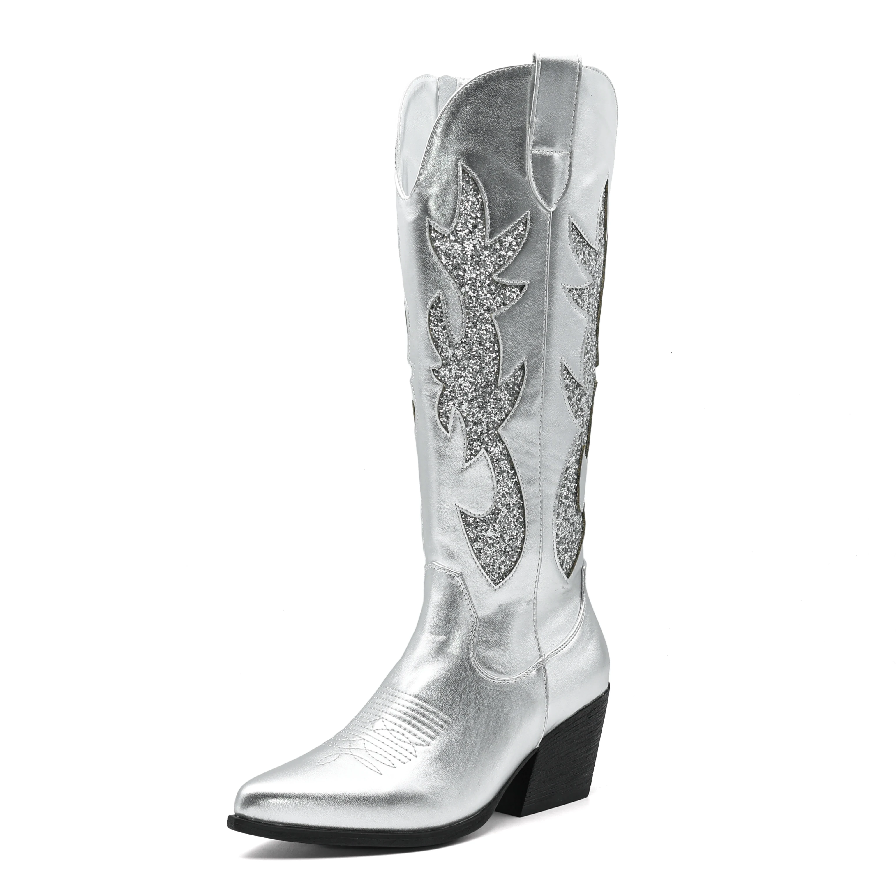 Shoes for Women New Embroidered Western Cowboy Boots Women Autumn Pointed Toe Thick Heel High Knee Boots - 5