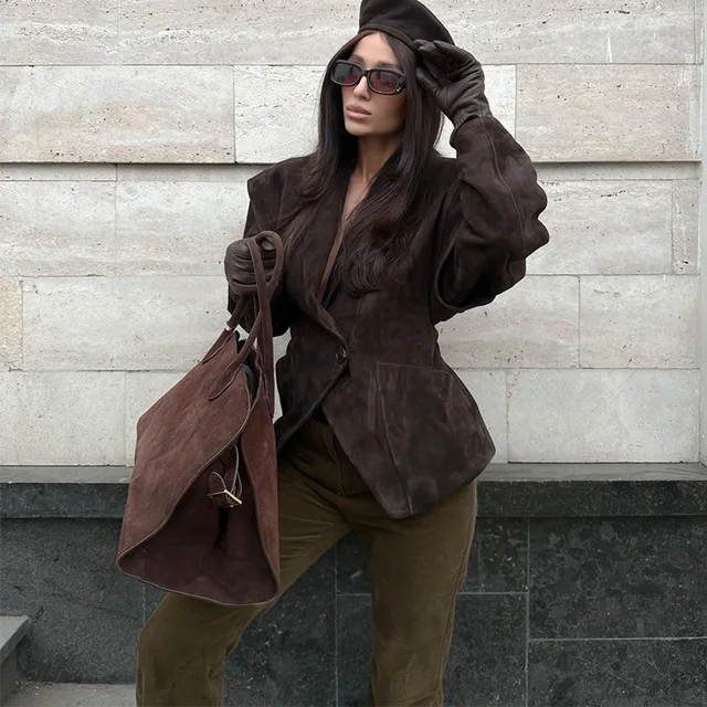 Fashion Dark Color Suede Fabric Stand Up Collar Jacket Women Causal Waist Cinched Broad Shoulder Coat Autumn High Street Outwear 6