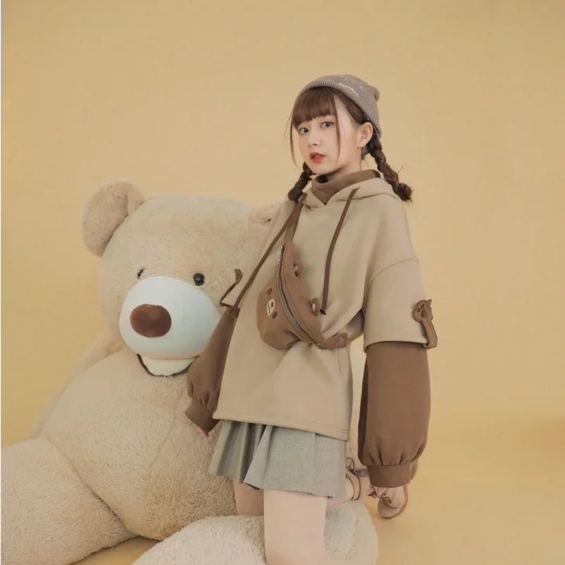 Women Korean Kawaii Crewneck Long Sleeve Oversized Hoodies Harajuku Aesthetic Bear Anime Streetwear Fall Winter Pullovers Tops