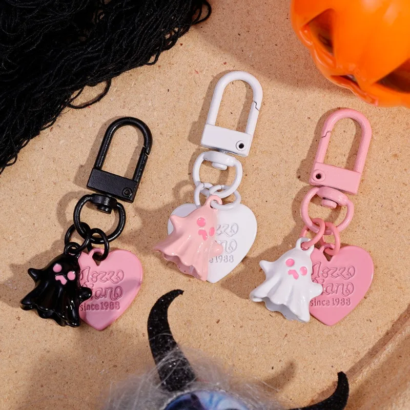 Cute Personalized Sweet Cool Ghost Love Shaped Key Ring Pink Black White Versatile Charming Fasionable Round Buckle Key Chain