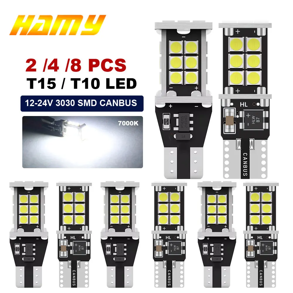 Ультра яркая светодиодная сигнальная лампа T15 W16W 12 В 24 В, совместимая с Canbus, белый свет 3030SMD Ультра яркая светодиодная сигнальная лампа T15 W16W 12 В 24 В, совместимая с Canbus, белый свет 3030SMD