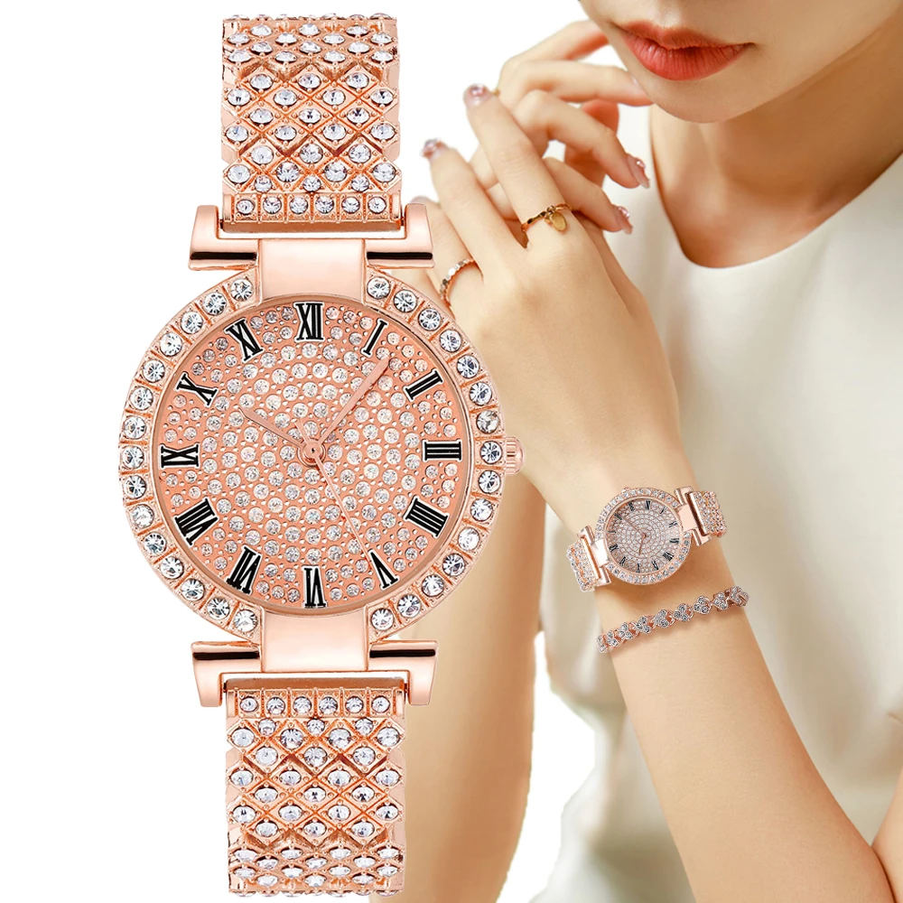 

Fashion Ladies Quartz Watch Luxury Brand Full Starry Sky With Diamonds Women Watches Rose Gold Stainless Steel Strap Timepieces