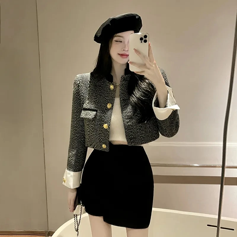 

Korean Fashion Women Vintage Short Jacket Fashion High Street Long Sleeve Stand Collar Patchwork Suit Small Coat Trend Lady