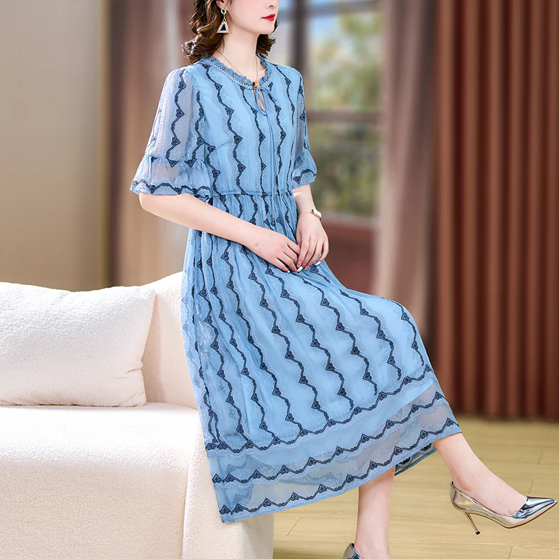 

2023 New Fashion Silk Dress Women's Summer Elegant Versatile Retro 5/4 Sleeve Loose Fit Casual Holiday Dress Vestidos