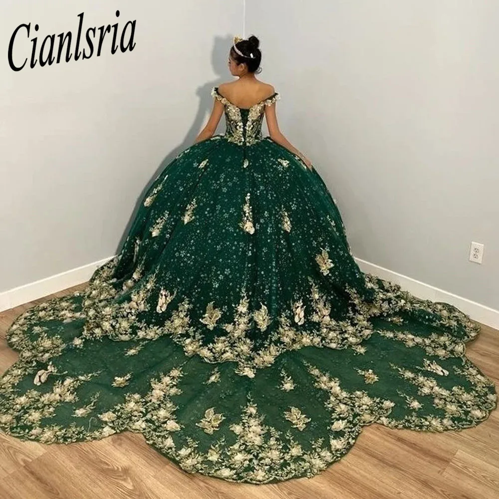 

Green Quinceanera Dresses Ball Gown For S16 weet Girl Sequined Beading Appliques With Train Princess Dress Vestidos De 15 Años