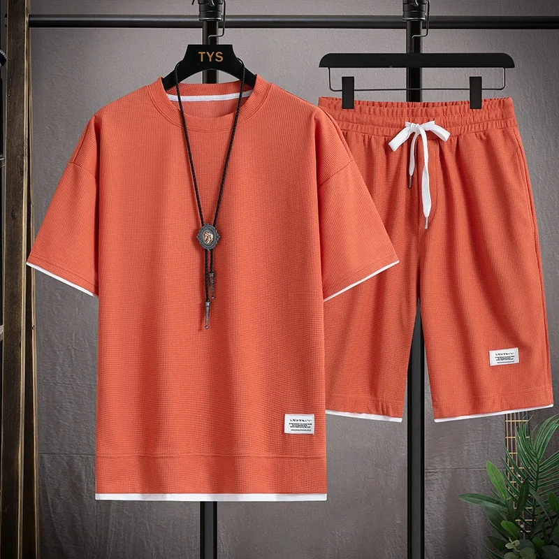 Summer Men's Waffle Sets Casual T-Shirt And Shorts Set Male Sports Suit Solid Color Tracksuit Loose Suits Size 3XL