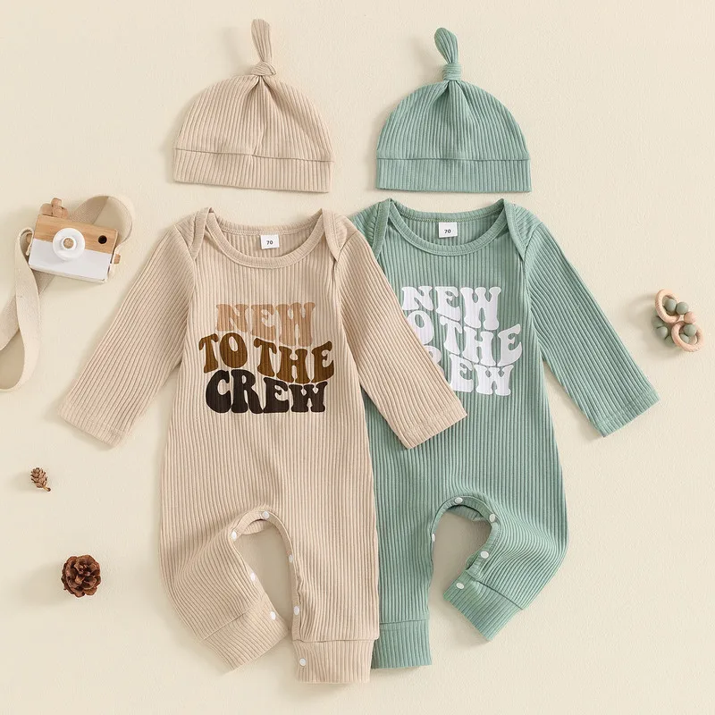 

Baby 2Pcs Fall Outfits Long Sleeve Round Neck Letter Print Ribbed Jumpsuit with Hat Set Infant Clothes