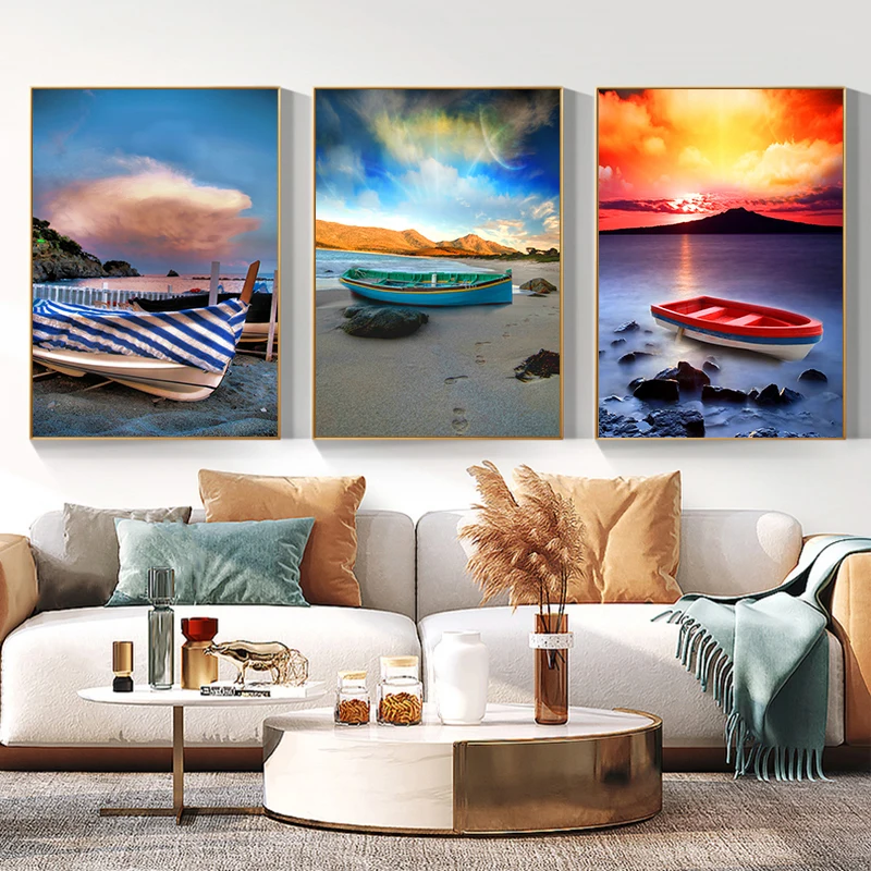 

Small Fresh Sea View Small Boat Mediterranean Hanging Painting Bedroom Living Room Wall Painting Canvas Printed Poster