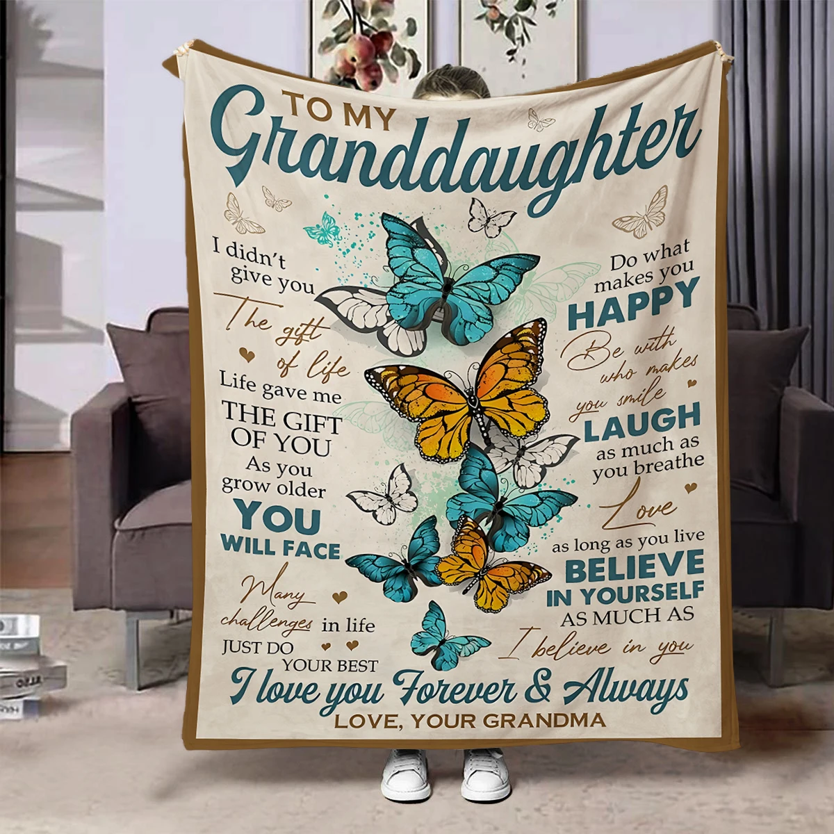 Butterfly Print Flannel Throw Granddaughter 1