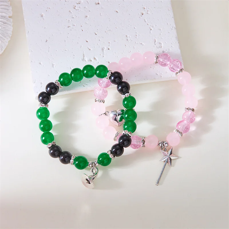 2 Stück Zauberstab-Hutkrone, passende Armbänder für Frauen, süße rosa grüne Perlen, handgefertigtes Stretch-Armband, BFF-Schmuck, Geschenke