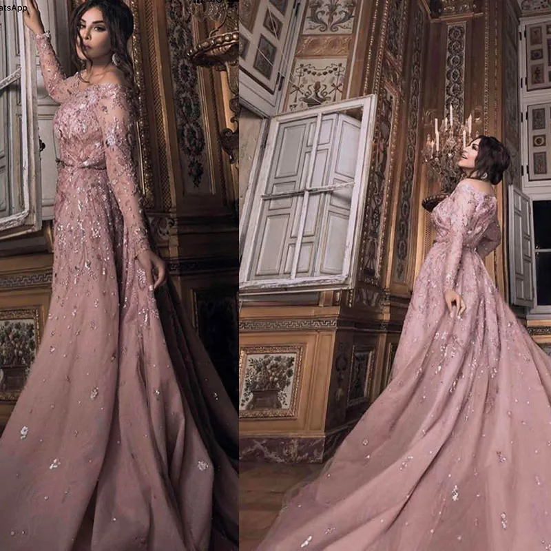 Hot Sale Pink Off The Shoulder Long Sleeves فساتين السهرة vestidos de fiesta  فساتين سهره evening dresses فستان العيد 2024