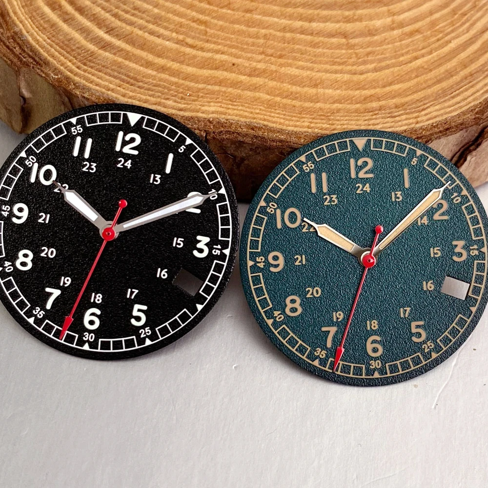 Vintage 29mm Black Olive Green Pilot Field Watch Dial with Luminous Hands and Date Window