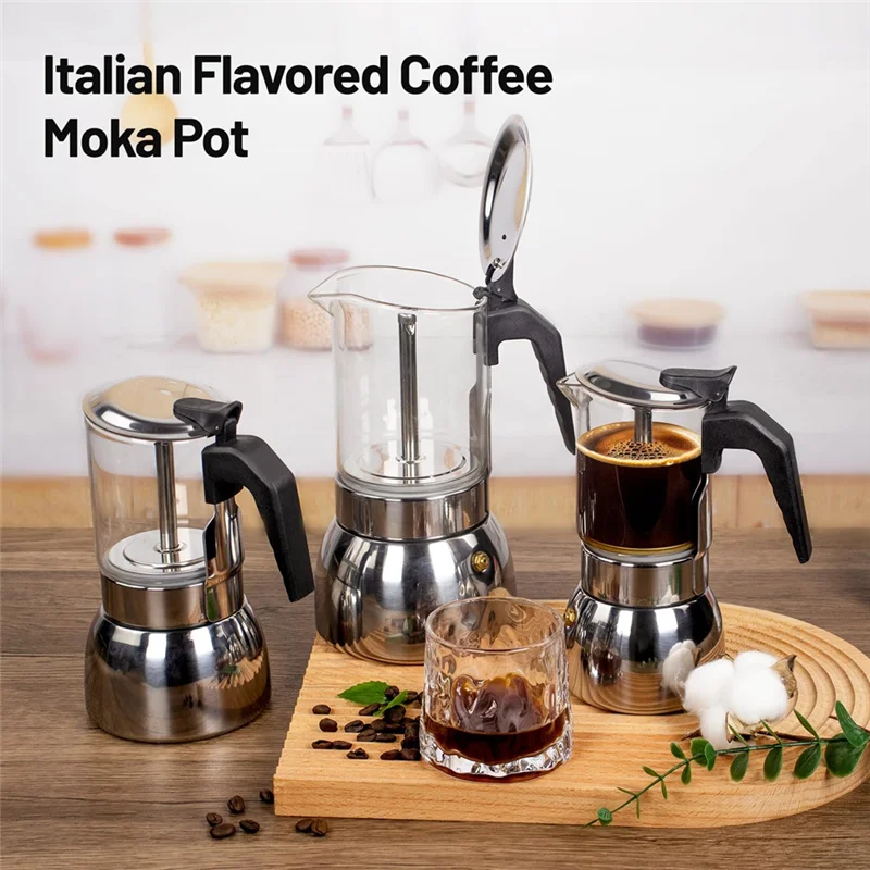 -A89Z 9 Cup Glass Clear Italian Coffee Machine Moka Pot Stainless Steel Thickened Stovetop Espresso Maker 450Ml 15Oz