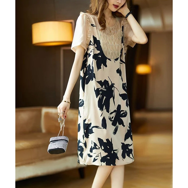 Elegant Folds Diamonds Beading Fake Two Pieces Floral Dress Women's Clothing 2024 Summer New Loose Puff Sleeve Princess Dress