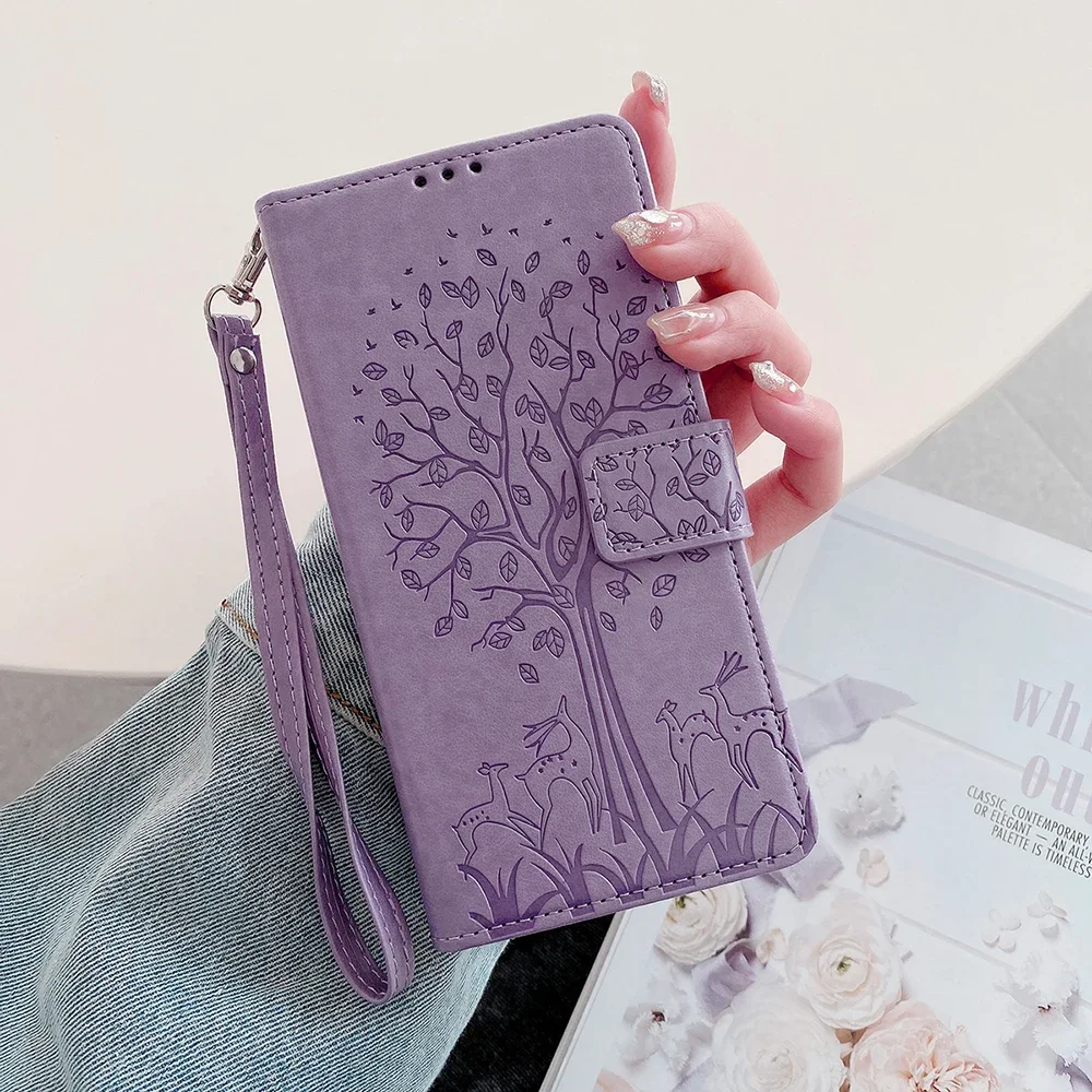 Elegant Magnetic Leather Flip Cover Wallet with Tree Design and Strap