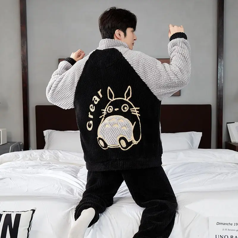 New Coral Velvet Men Pyjamas Winter Plus Velvet and Thick Youth Plus Size Zipper Sport Sleepwear Autumn Winter Set Homedressing