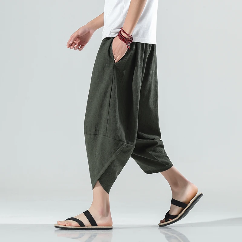 2023 Summer Harajuku Calf Length Casual Men's Pants Wide Leg Cotton Linen Harem Baggy Pants Fashion Men's Clothing 3
