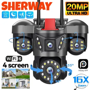 20MP 4 Lens Home Security WiFi Camera Outdoor 10K Wireless 4 Screen 16X Zoom PTZ 360° Surveillance Cameras Auto Motion Detection 1