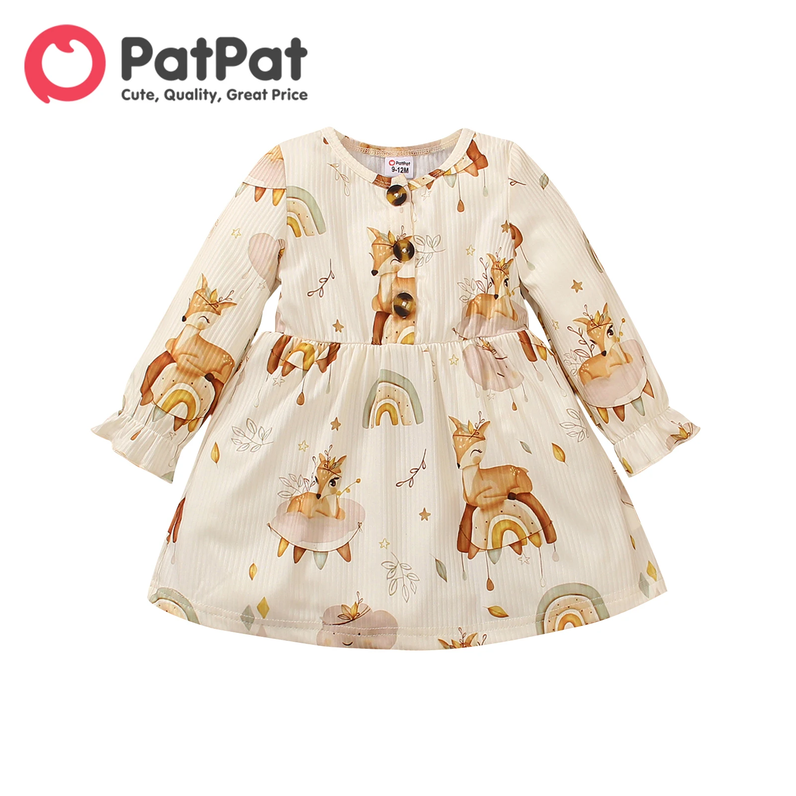 PatPat Baby Girl Allover Deer Print Longsleeve Ribbed Dress