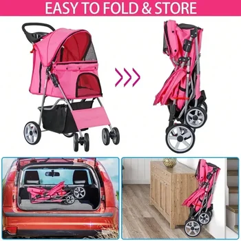 Foldable Carrier Strolling Cart 4 Wheel Pet Stroller, for Cat, Dog w/ Cup Holder 4