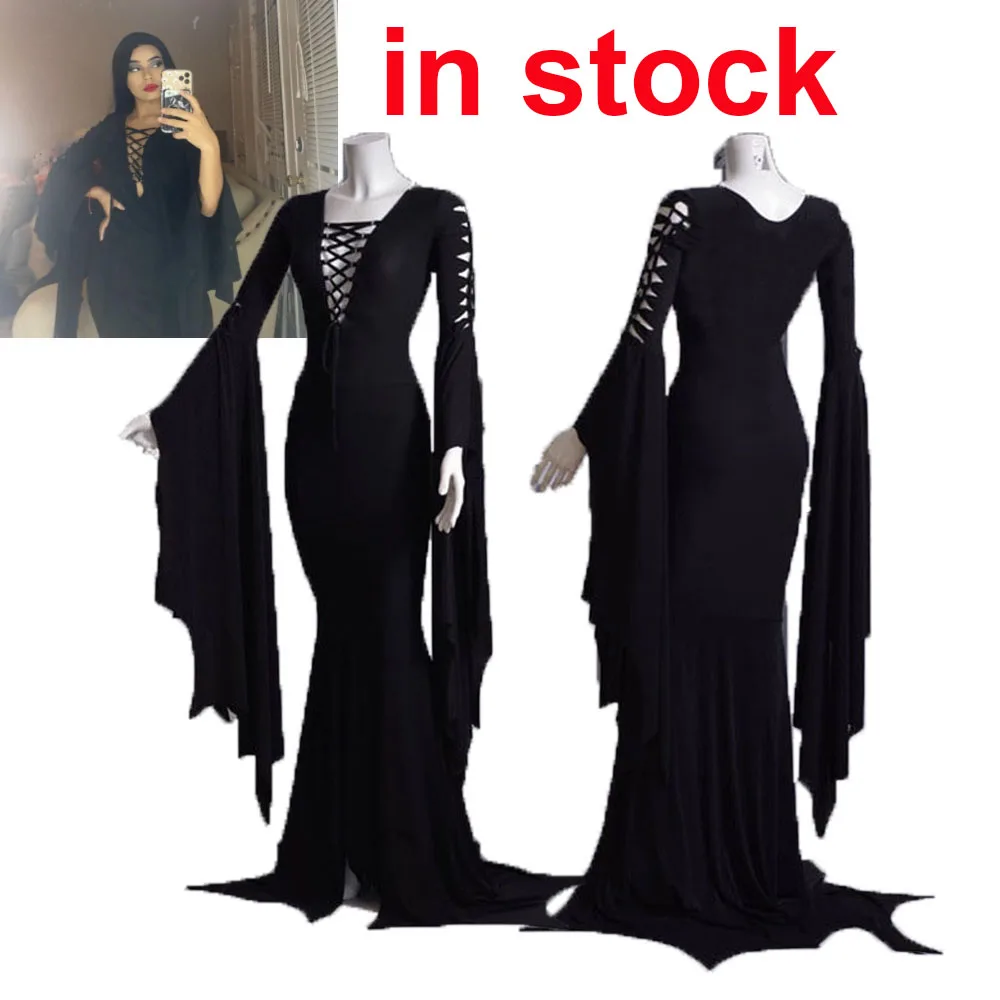 (Disponibile) Morticia Addams Costume Cosplay Plus Size Morticia Addams Family Gothic Maxi Dress Pagan Pixie Vampire Lace Up Gown