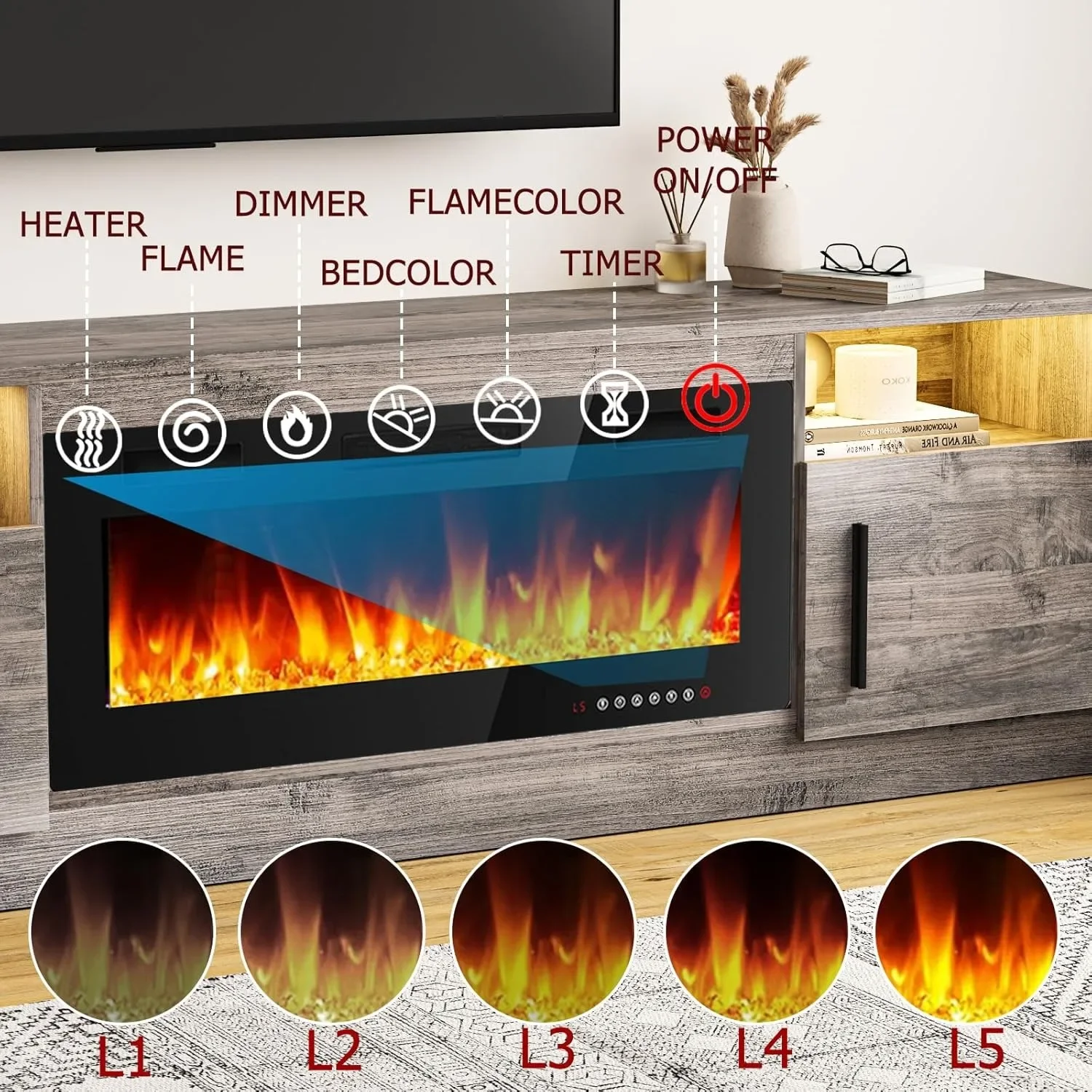 Fireplace TV Stand Entertainment Center w/ 36" Fireplace, 70" Wooden TV Stand,16 Colors LED Lights (Grey)