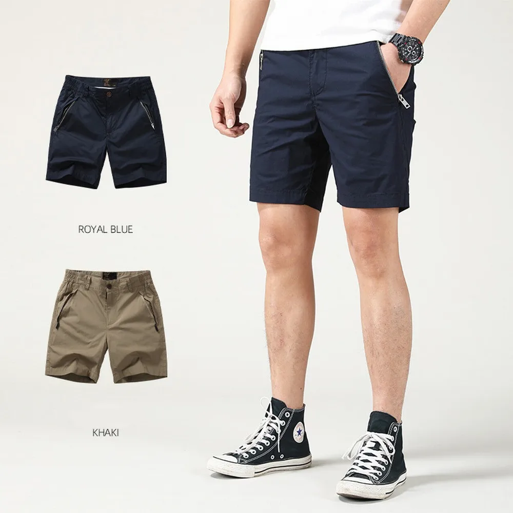 

Summer 100% Cotton Straight Zipper Cargo Shorts For Men Wash Solid Casual Knee Length Streetwear Pants Blue Khaki Beach Trousers