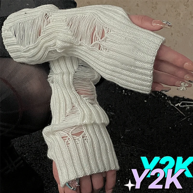 Y2K Gloves Long Fingerless Glove Oversleeve Men Women Knitted Soft Skin Friendly Hole Gloves Stretch Winter Arm Warmer Mitten
