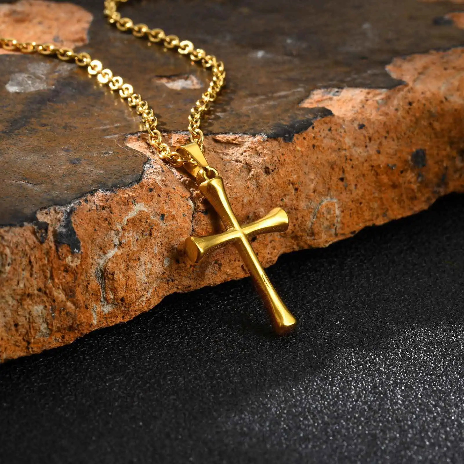 Simple Gold Color Cross Necklace for Men,Stainless Steel Cross Sweater Chain Jewelry Gift