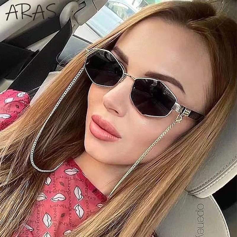 2022 Trendy Retro Hexagon With Chain Sunglasses Women Unique  Polygon Brand Designer Sun Glasses For Female Small Frame Eyewear