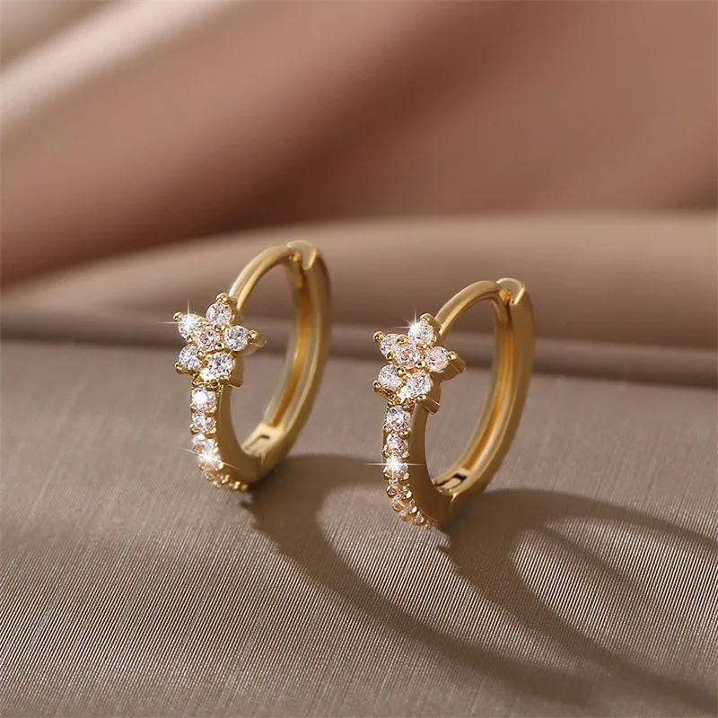Fashion Stainless Steel Zircon Star Hoops Earrings For