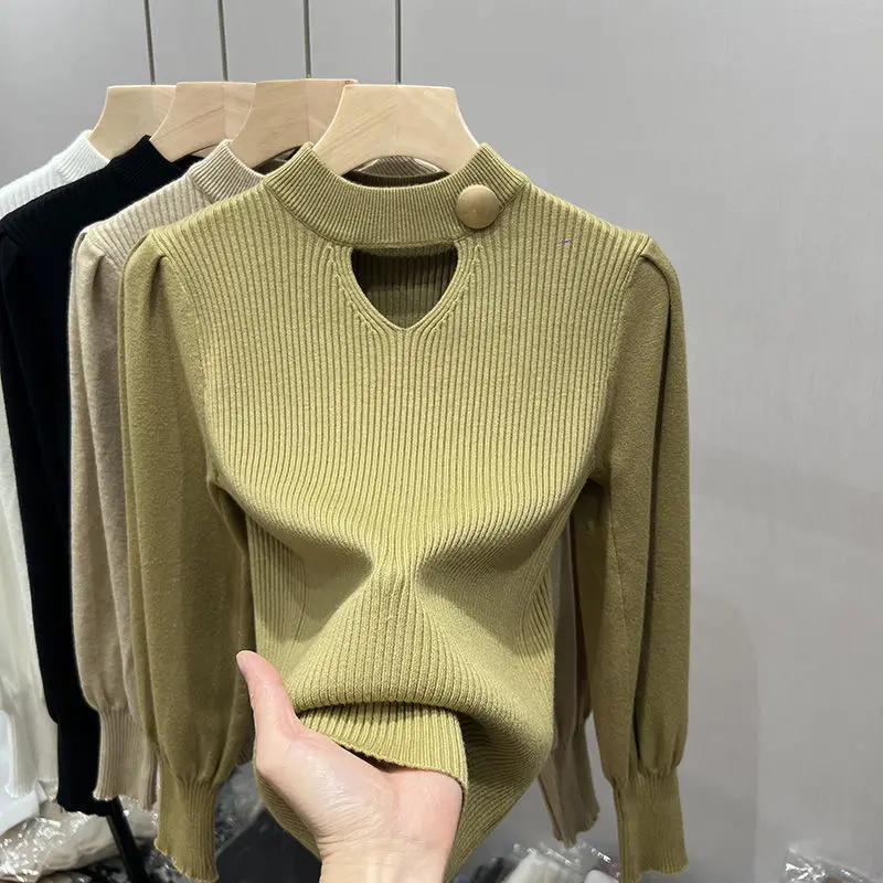 

Half-height collar knit top women autumn and winter hollow atmosphere feeling bottoming sweater tide