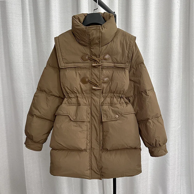 

2023 New Mid length down jacket for women with a slim waistband and a thick white duck down jacket