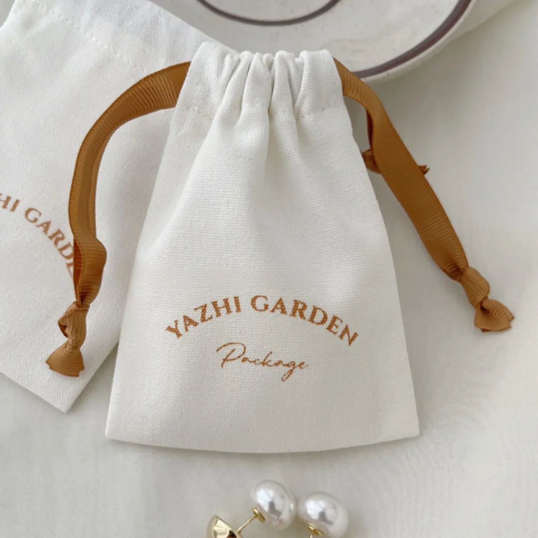 

White Canvas Cotton Drawstring Bags Ring Packing Wedding Christmas Gift Custom Logo Jewelry Sack Organizer Pouches