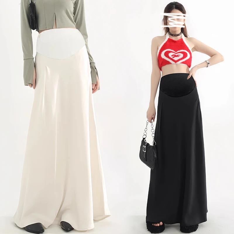 Satin A-Line Maternity Maxi Skirt-Stretchy Belly Panel, Flowy Spring Long Skirt with Adjustable Waist Pregnant Woman Skirts