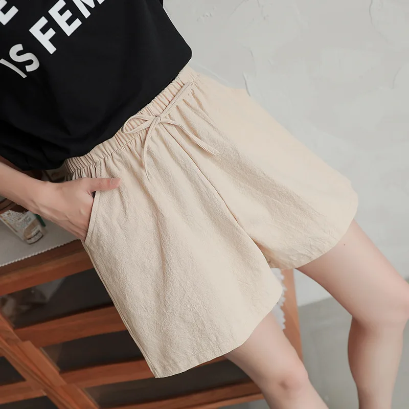 

Women Shorts Spring Summer 2023 Loose Linen Cotton Solid Casual Korean Wide Leg Pant Drawstring Elastic Waist Bikers Shorts
