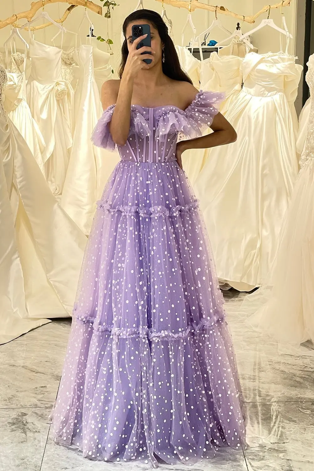 Qanz Lilac Tulle Evening Dresses Off The Shoulder