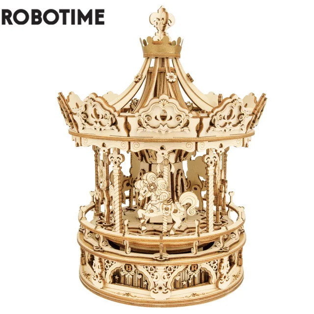 Robotime 3D Wooden Puzzle 336pcs Rotatable DIY Romantic Carousel Game Gift for Children Kids Adult AMK62 Assembly Music Box Toy 1