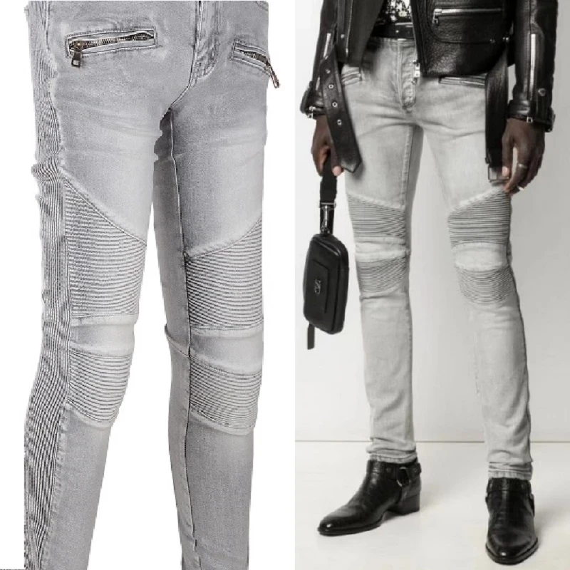 

New Mens Summer Autumn Biker Zippers Ribs Patchworks Ripped Slim Stretch Light Grey Washed Denim Motor Biker Men's Jeans 1097