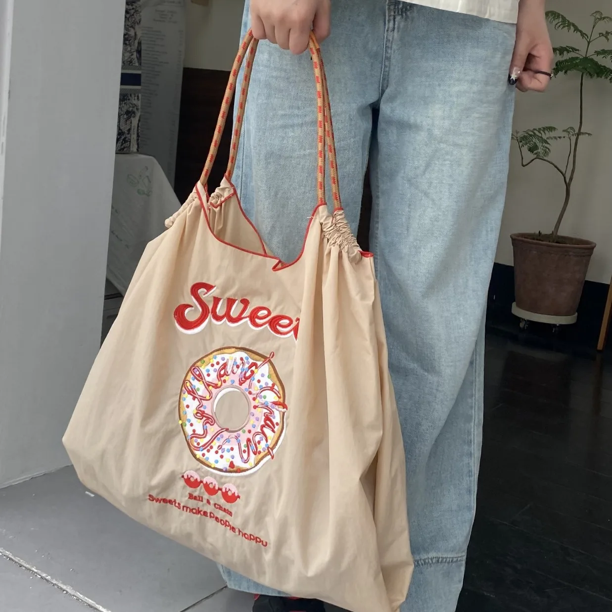 Large Donut Embroidery Tote Bag Rope Handle Shoulder Bag Designer Handbags Nylon Drawstring Eco Bags for Women Shopper Purses