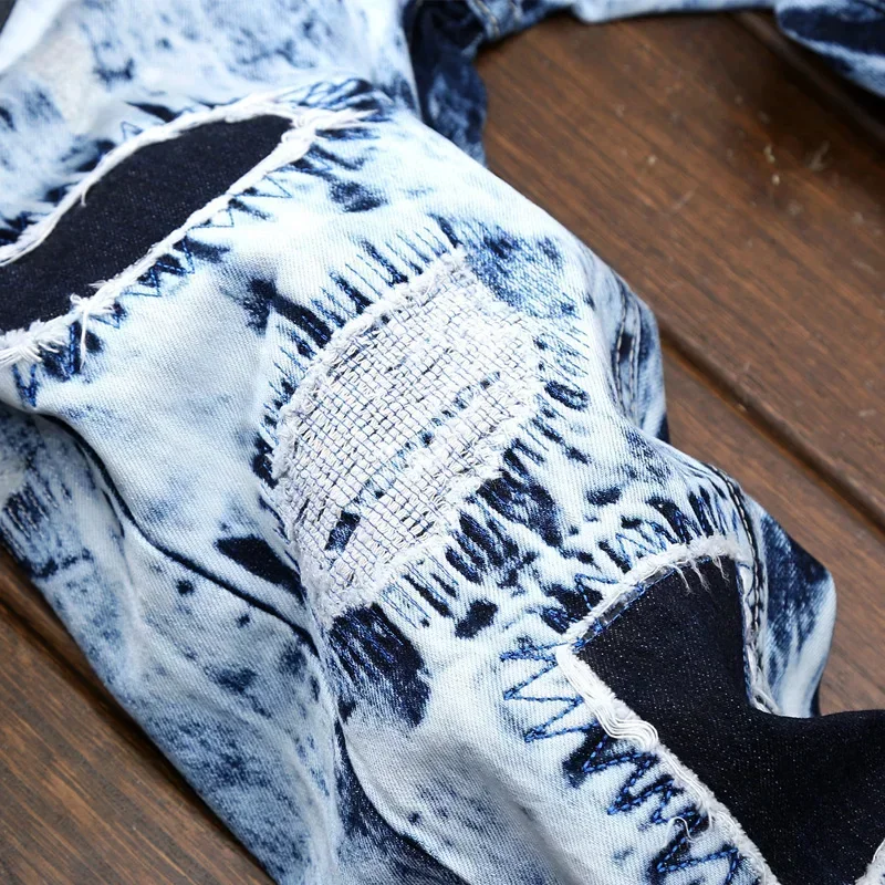 Men's Embroidered Patchwork Ripped Jeans (without Belt) Slim Fashion High Street Motorcycle Denim Pants Male Designer Clothes men jeans ripped jeans ripped patchwork jeans