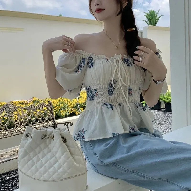 Elegant Square Collar Shirt Sweet Broken Flowers French Style Fashion Shirring Women's Clothing Summer Basic Drawstring Blouse