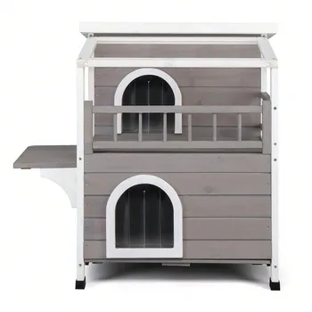 Outdoor Wood 2-Floor Cat Condo Pet House Kitty Shelter With Stairs Balcony 3