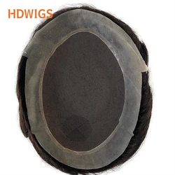 Men's Capillary Prothesis Swiss Lace PU Male Toupee Indian Human Hair Wigs Natural Hair System Hairpiece Dark Brown With Grey
