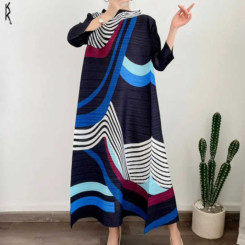 

Miyake Pleated Dress 2023 Summer New One-line Collar Three-quarter Sleeve Printed Dress Luxury Designe Elegant Women's Clothing