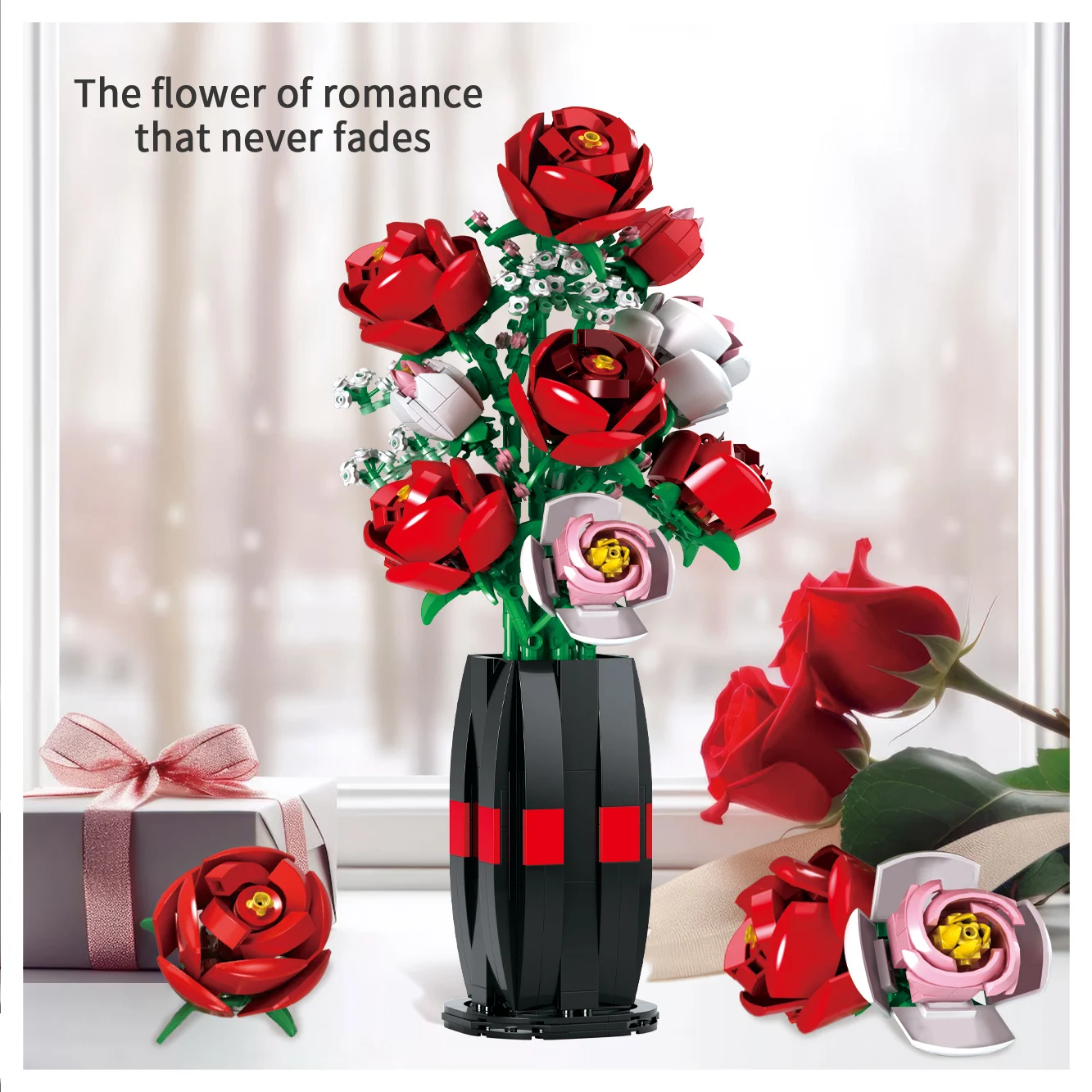 Rose Flowers Bouquet Building Set (860 PCS)-Artificial Flowers with Vase Home Decor Roses Flower Toys Building Set