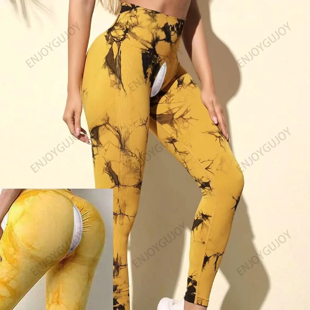 Invisible Open Crotch Outdoor Sex High Elasticity Tie-Dye Women's Yoga Pants Tight Sports Peach Hip Fitness Pants