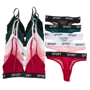 Women Lace Bra And Panties Set Sheer Polka Dot Lingerie Non-wire Bralette Sexy Low Rise Thongs Letter Band Mesh Underwear Set
