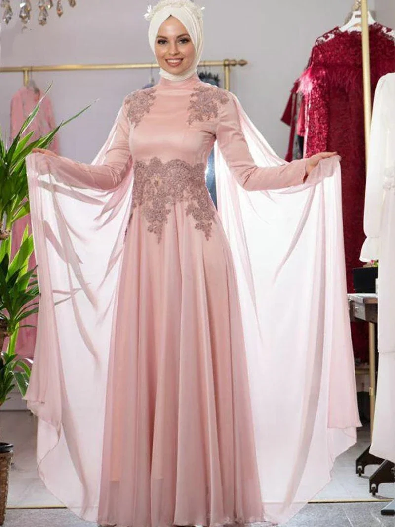 

Pink elegant Advanced A line bright satin Decal high neck long sleeve tulle shawl Princess Ladies party PROM custom evening gown